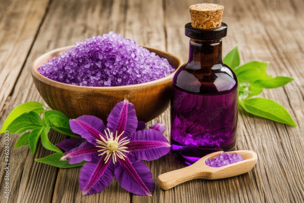 Aromatic lavender bath salts essential oil on wooden background Aromatic lavender bath salts essential oil on wooden background