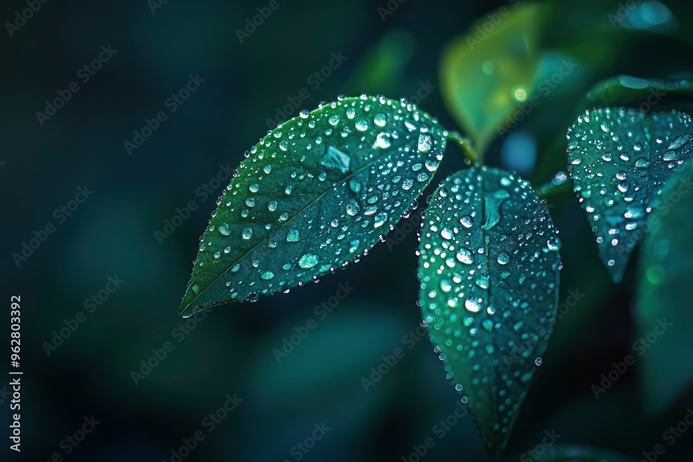 Beautiful details of nature. Morning dew drops on fresh green leaf. Summer nature macro pattern, fresh rain drops on green leaf. Peaceful tranquil ecology Beauty in nature. Relaxing soft blue, ai
