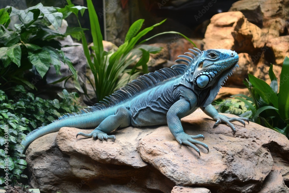 Majestic blue iguana basking on sunlit rock Majestic blue iguana basking on sunlit rock