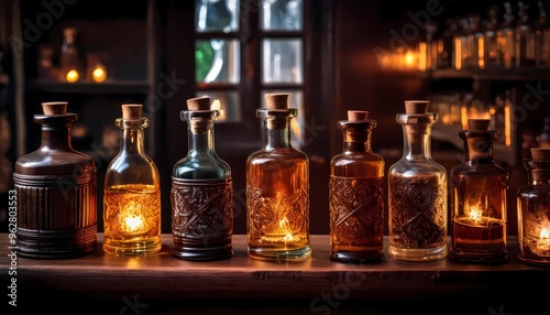 A collection of old glass potion bottles glowing faintly on a crooked shelf