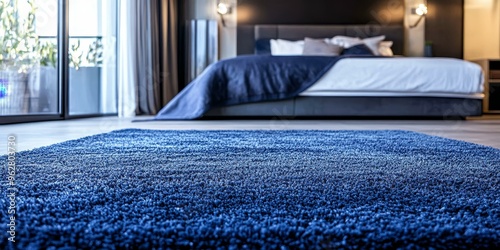 Blue shag carpet in front of a bed. photo