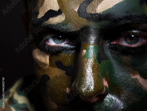 Close-up of a person face with green camouflage pattern. Eyes and nose are prominently featured. Dark background provides contrast to face. Face is slightly elevated, adding depth to the image. photo