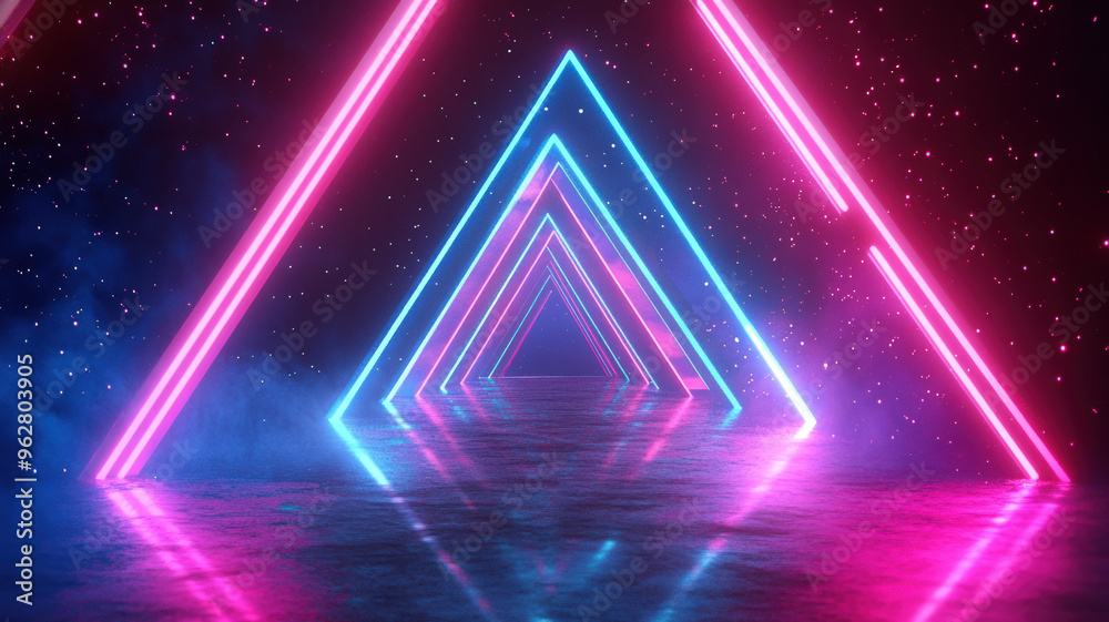Neon Triangle Tunnel with Reflective Floor, Pink and Blue LED Lights Creating Futuristic Geometric Corridor, Abstract Sci-Fi Background with Vibrant Light Effects