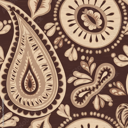 Paisely surface pattern design , botanicals and florals, muted neutral shades, fabric texture, Indian Traditional Patterns	
 photo