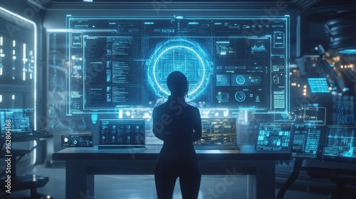 Futuristic Technology Control Center with Holographic Display