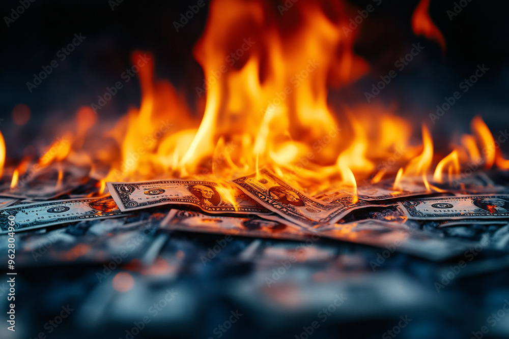 Pile of dollar bills on fire, depicting the concept of inflation and financial crisis. Pile of dollar bills on fire, depicting the concept of inflation and financial crisis.