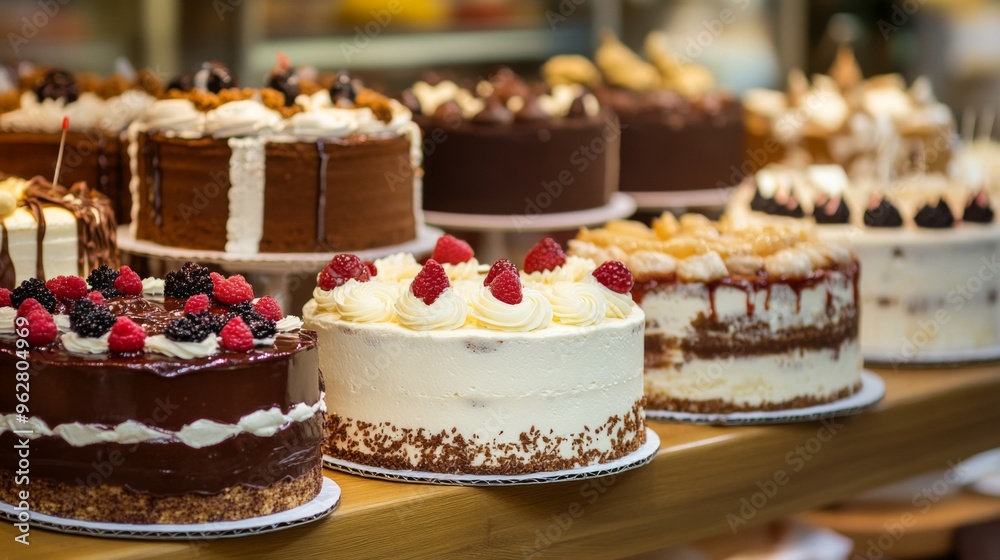 Assortment of delicious cakes with various toppings on display at a bakery.