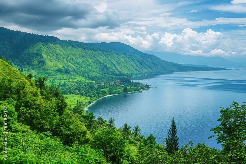 Captivating view of toba lake and verdant hills in samosir area: a natural vista from the summit showcasing nature's beauty Captivating view of toba lake and verdant hills in samosir area: a natural vista from the summit showcasing nature's beauty