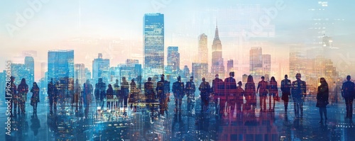 Silhouettes of People in Front of Cityscape at Sunset.