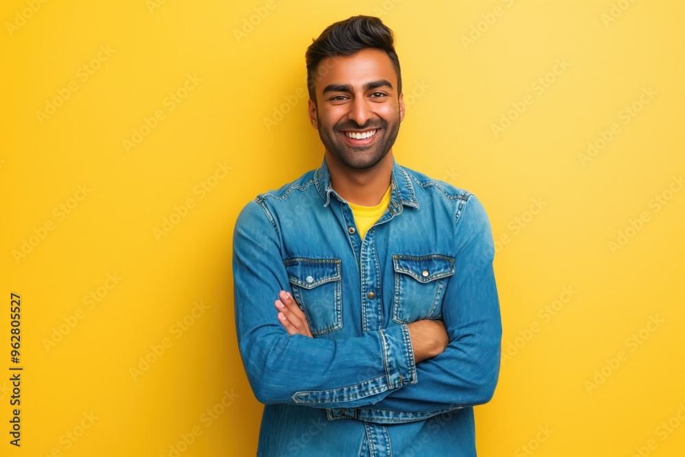 Young Indian man wearing casual denim shirt on sunny day. Stands confidently with crossed arms, smiling at camera. Happy expression conveys sense of joy, positivity. Yellow background adds touch of Young Indian man wearing casual denim shirt on sunny day. Stands confidently with crossed arms, smiling at camera. Happy expression conveys sense of joy, positivity. Yellow background adds touch of
