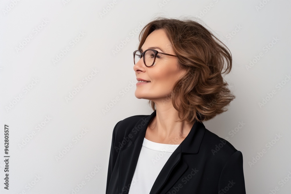 Middle-aged businesswoman wearing glasses stands on isolated white background with natural face and confident smile. Beautiful, attractive woman with mature features and relaxed profile pose. Middle-aged businesswoman wearing glasses stands on isolated white background with natural face and confident smile. Beautiful, attractive woman with mature features and relaxed profile pose.