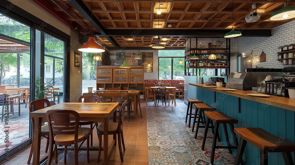 A cozy cafe with wooden tables, chairs, and a patterned floor. The cafe has large windows and a bar with stools. There is a bookshelf in the back with bottles and jars on it.