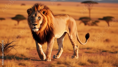 Wallpaper Mural Immerse yourself in the breathtaking beauty of the African savannah with this stunning image of a lion walking through the golden plains at sunset. Torontodigital.ca