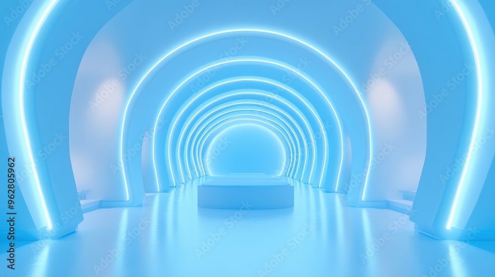 Fototapeta premium Futuristic blue neon archway corridor interior design