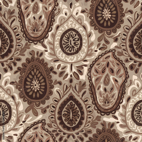 Paisely surface pattern design , botanicals and florals, muted neutral shades, fabric texture, Indian Traditional Patterns  photo