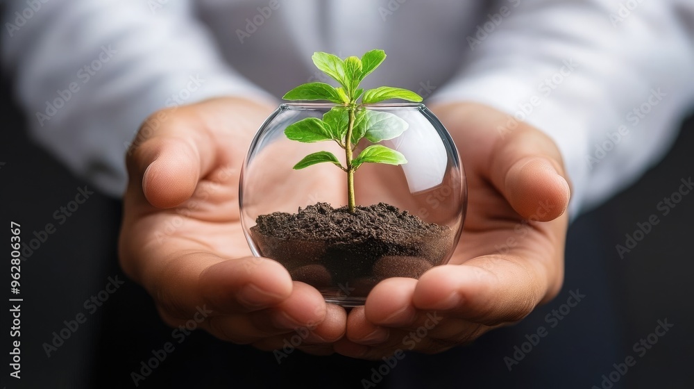 Hands Holding Glass Globe With Sprout And Soil Hands Holding Glass Globe With Sprout And Soil