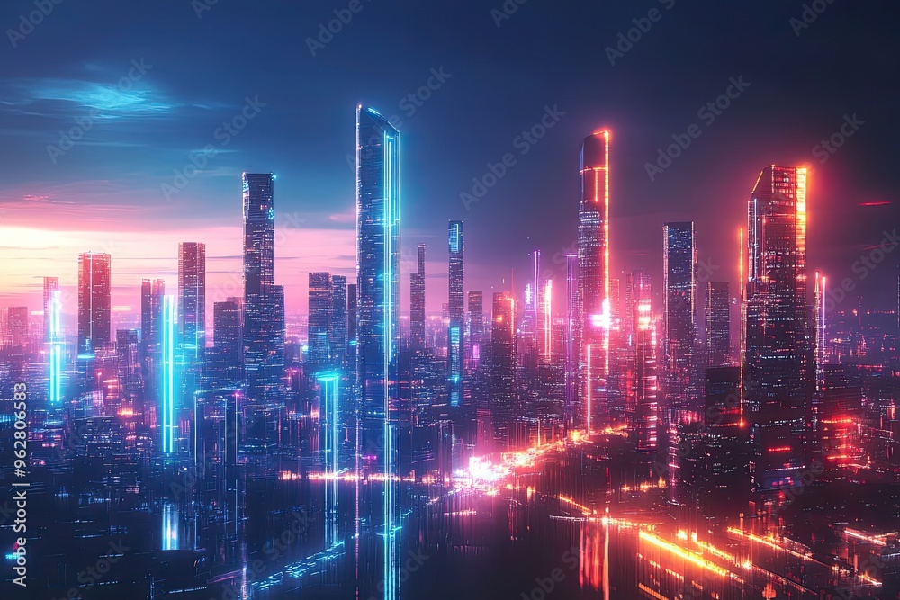 Obraz premium Futuristic urban skyline with bright colorful lights and tall structures
