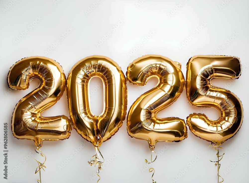 On a crisp white background, happy new year 2025 in the shape of golden foil balloons. generative ai On a crisp white background, happy new year 2025 in the shape of golden foil balloons. generative ai