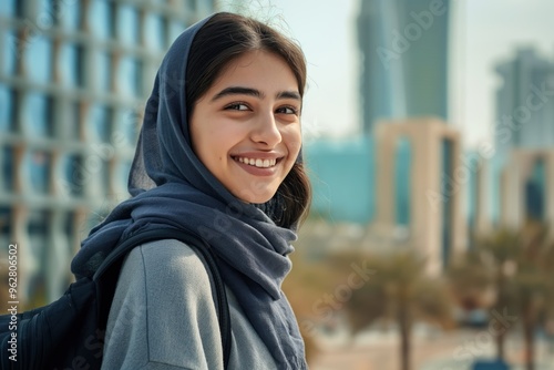 Young Middle Eastern woman student smiling happy standing in urban city street. She wears casual attire, backpack, and enjoys modern lifestyle. Intelligent and healthy girl with positive expression.