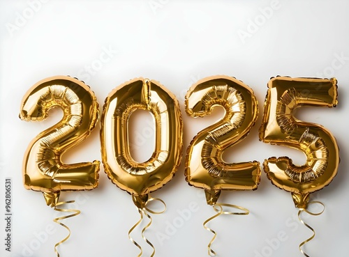 happy new year 2025 in golden foil balloons shaped on clean white background. generative ai