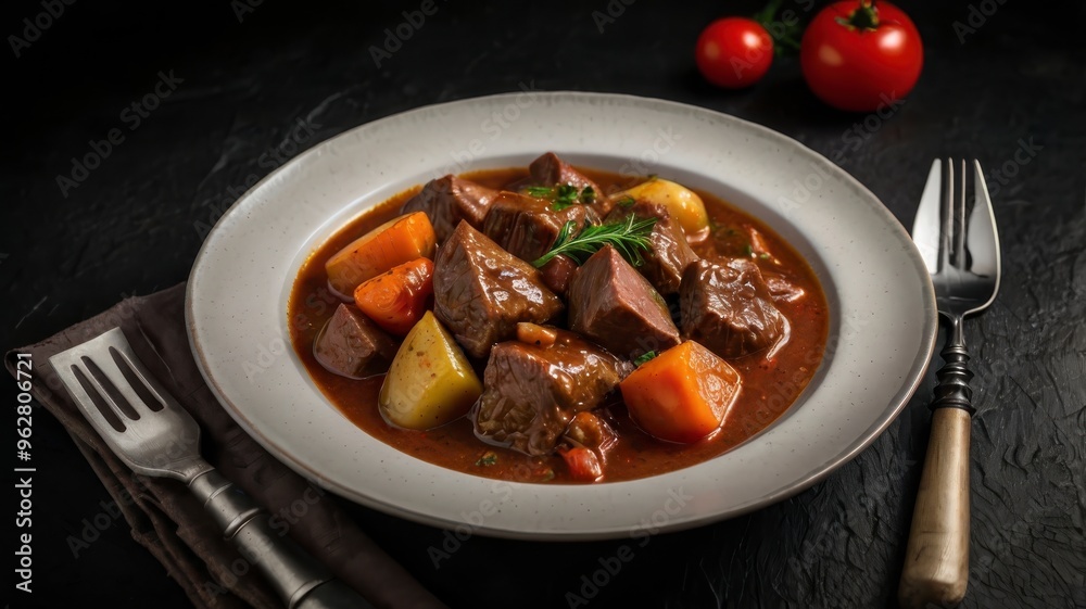 White plate of Hungarian beef stew, black texture White plate of Hungarian beef stew, black texture