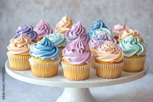 A variety of pastel - colored cupcakes with intricate icing designs, arranged on a white cake stand