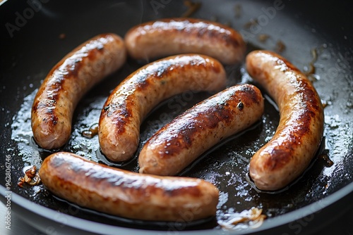 Deliciously browned sausages sizzling in a frying pan, perfect for a hearty breakfast or a savory meal. photo