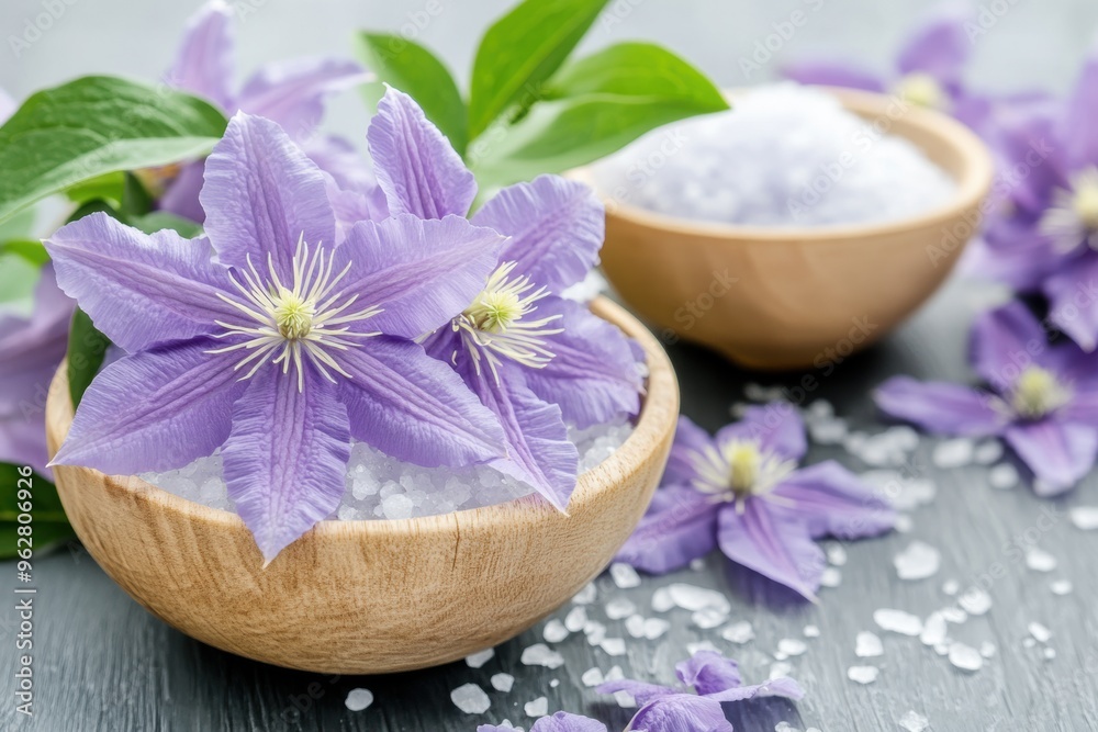 Serene clematis flowers with spa bath salts in wooden bowls
