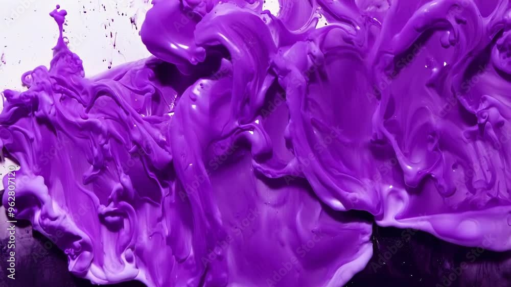 Vibrant violet ink droplets create mesmerizing swirls and patterns on a stark white canvas. Slow panning reveals intricate details and depth in the high-contrast composition.	