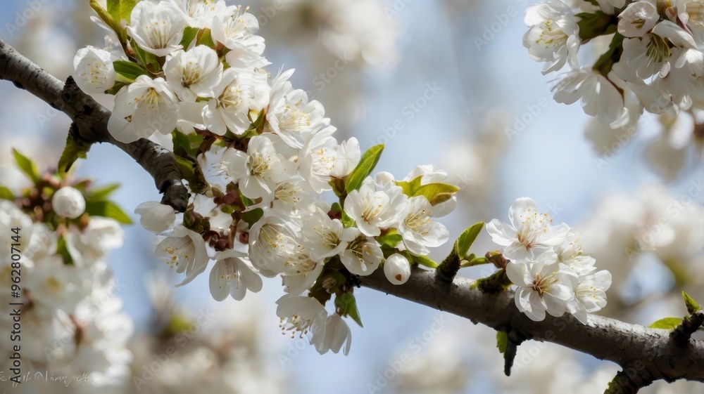 White spring blossoms on tree branch 