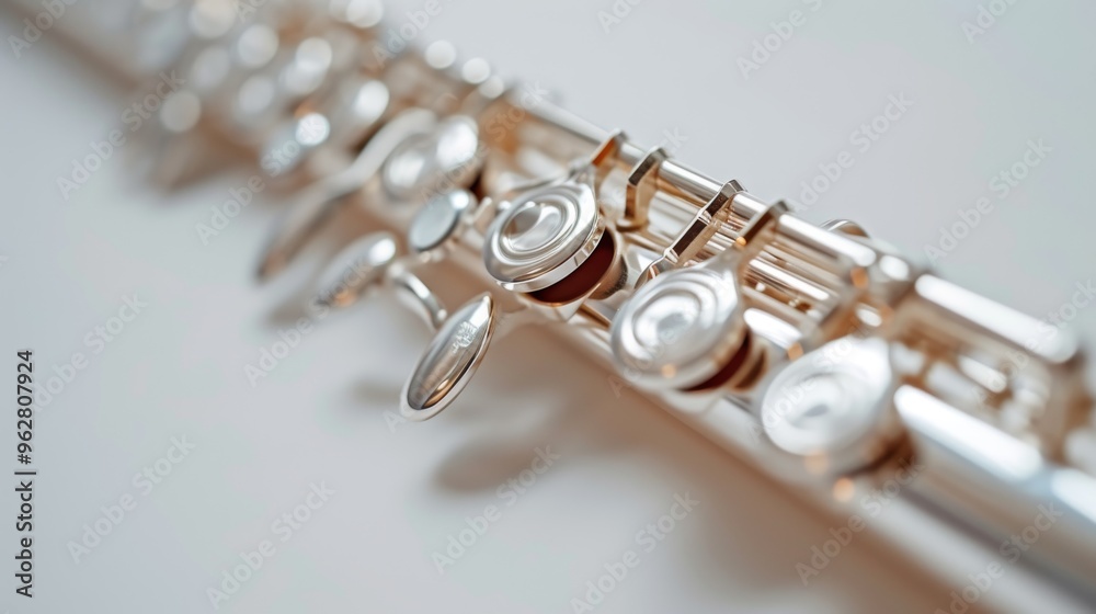 Fototapeta premium Close-up shot of a flute's shiny keys laid out on a smooth white surface, showcasing the intricate design and metallic sheen of the instrument. Perfect for use in music-related contexts.