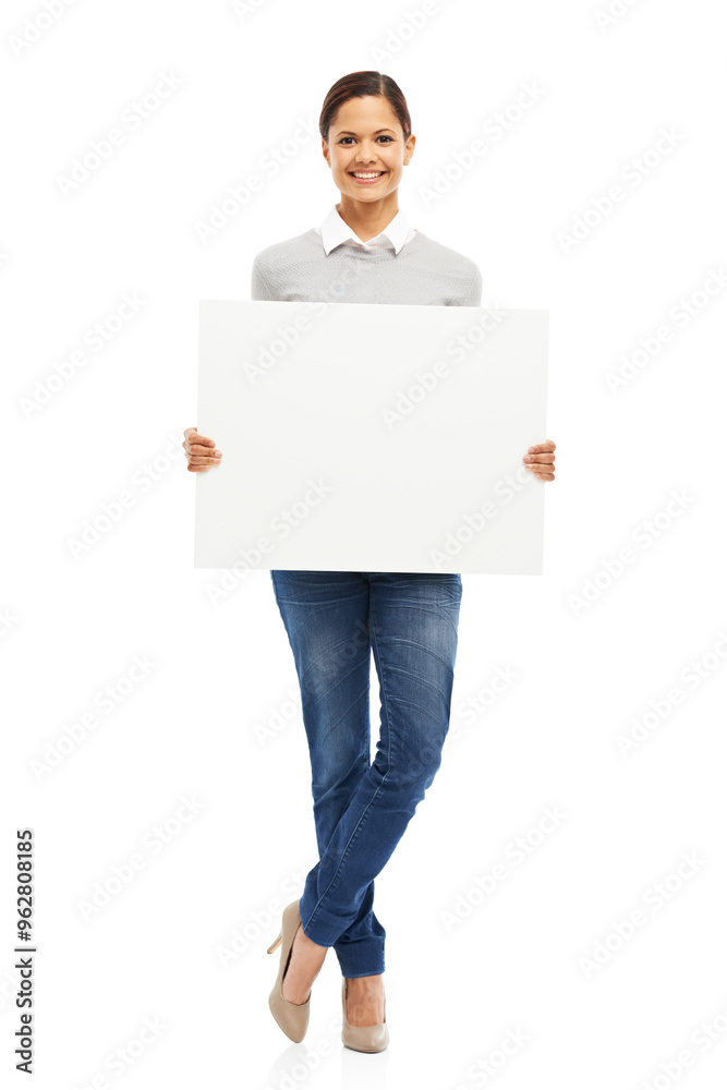 Woman, employee and smile with sign board in studio on portrait with white background and mockup space. Female person, poster and presentation for marketing, promo and advertising with information Woman, employee and smile with sign board in studio on portrait with white background and mockup space. Female person, poster and presentation for marketing, promo and advertising with information