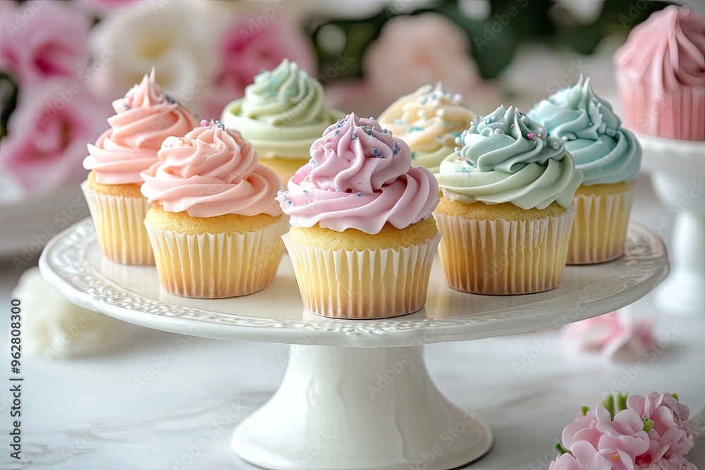 A variety of pastel - colored cupcakes with intricate icing designs, arranged on a white cake stand A variety of pastel - colored cupcakes with intricate icing designs, arranged on a white cake stand