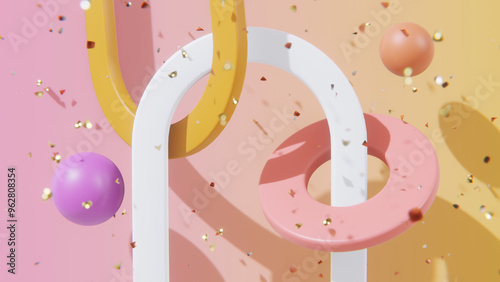 A 3d abstract background with colorful shapes and confetti.
