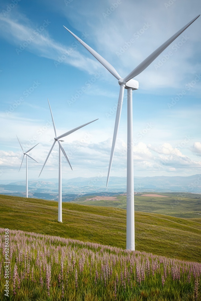 Electric windmills generating renewable power, sustainable countryside, 3D illustration, Electric windmills generating renewable power, sustainable countryside, 3D illustration,