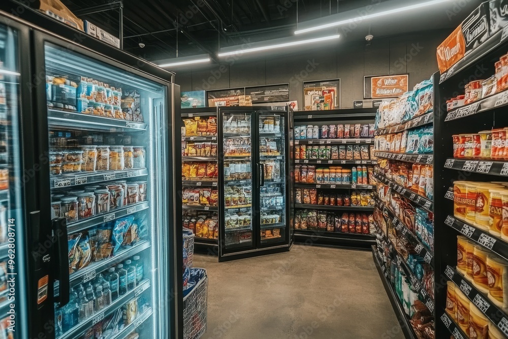 Fototapeta premium Grocery Store Aisles with Refrigerated Food Displays