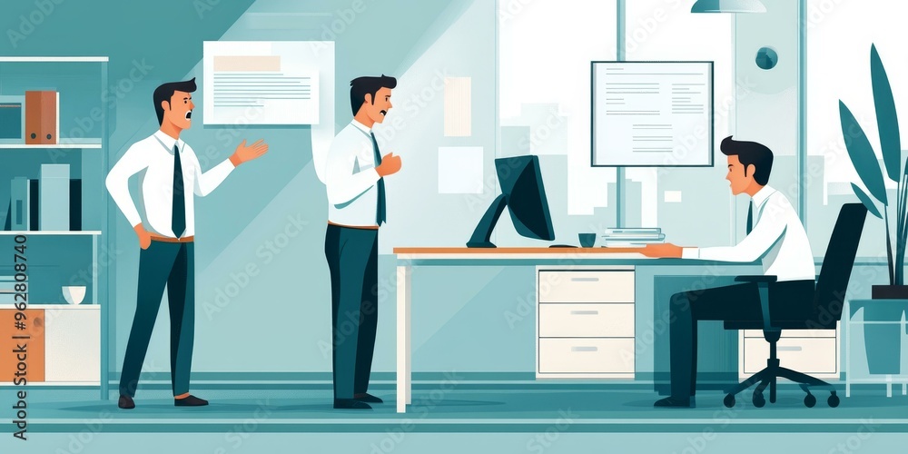 Three men in an office, one is angry. Three men in an office, one is angry.