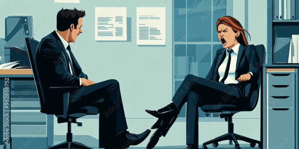 A woman yelling at a man in an office. A woman yelling at a man in an office.