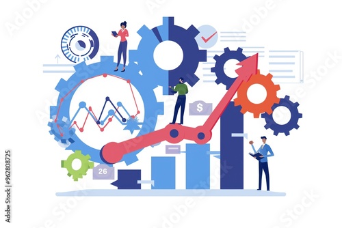 Illustration of continuous improvement cycle in business. Diagram shows iterative process of growth, progress, success. Virtual buttons, lean methodology, 6 sigma technique help to improve