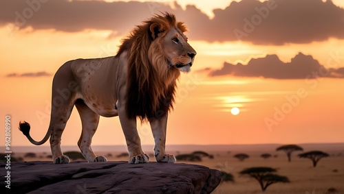 Capture the serene yet powerful essence of the wild with this stunning image of a majestic lion standing tall on a rocky outcrop at sunset.