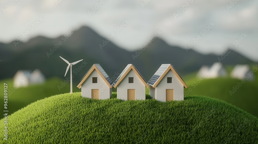 Fototapeta premium Sustainable village powered by wind and solar energy, zero waste living, 3D illustration,