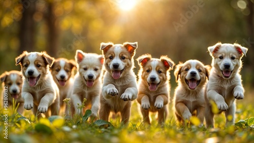 Playful Puppies Running in Sunlit Field