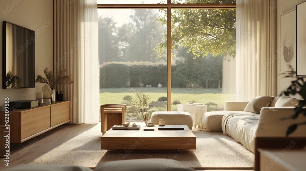 Fototapeta premium Minimalist Scandinavian Living Room with Serene Garden View and Warm Wooden Accents