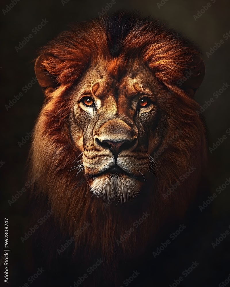 Fototapeta premium Majestic Lion Portrait in Dramatic Chiaroscuro Style Evoking Timeless Grandeur of African Savannas
