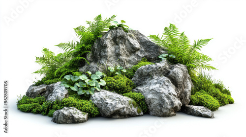 Natural landscape with rock and greenery in the garden isolated on white background for graphic design.