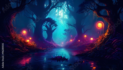 A dark forest with looming shadows and glowing eyes in the distance