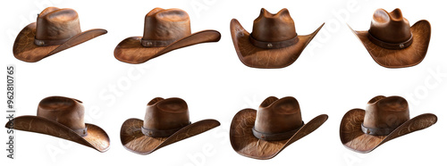 Collection of Vintage Cowboy Hats in Various Angles, transparent background