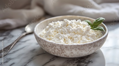 Savory cottage cheese on Carrara marble.