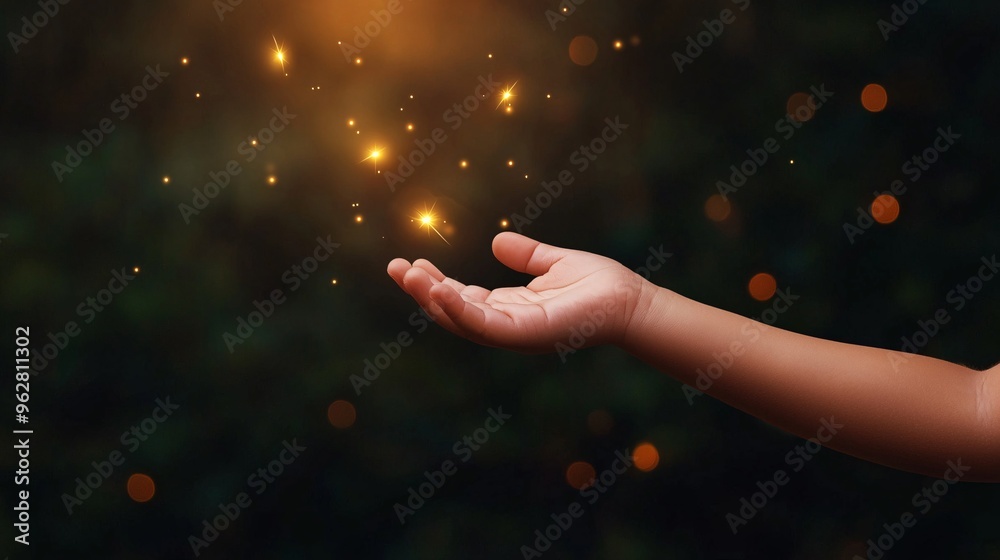 Child hand reaching for glowing fireflies Child hand reaching for glowing fireflies