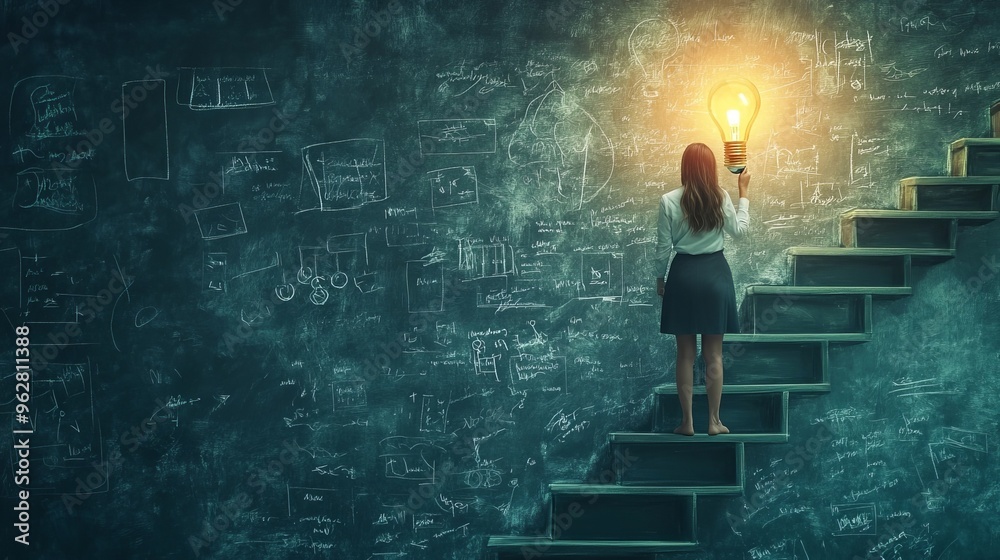 Businesswoman climbing drawn stairs. Businesswoman climbing drawn stairs.
